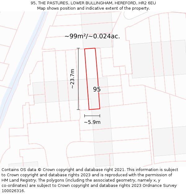 95, THE PASTURES, LOWER BULLINGHAM, HEREFORD, HR2 6EU: Plot and title map