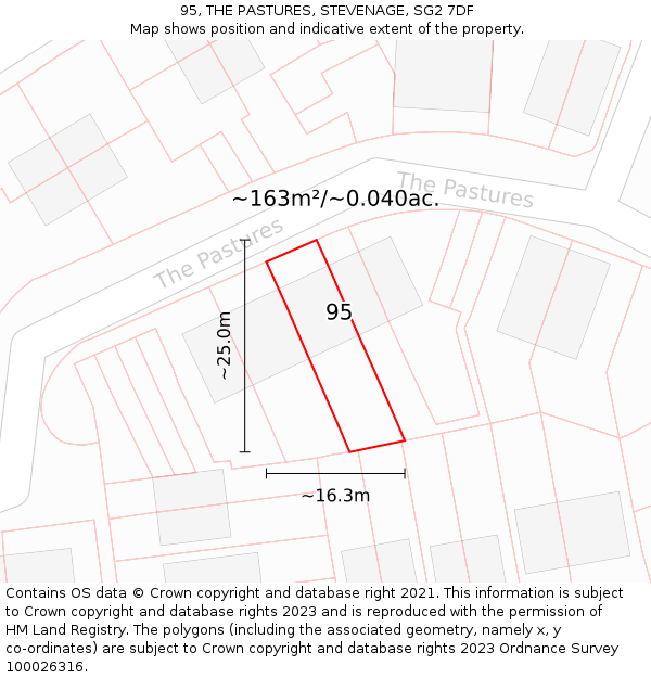 95, THE PASTURES, STEVENAGE, SG2 7DF: Plot and title map