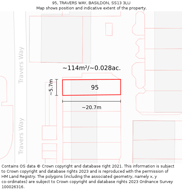 95, TRAVERS WAY, BASILDON, SS13 3LU: Plot and title map