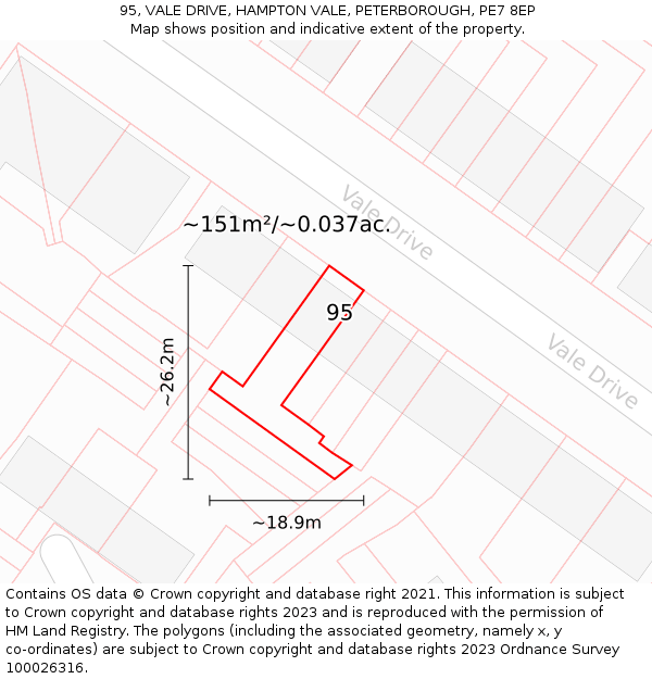 95, VALE DRIVE, HAMPTON VALE, PETERBOROUGH, PE7 8EP: Plot and title map
