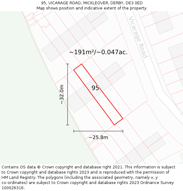 95, VICARAGE ROAD, MICKLEOVER, DERBY, DE3 0ED: Plot and title map