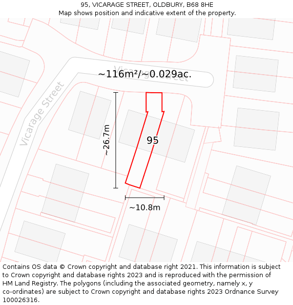 95, VICARAGE STREET, OLDBURY, B68 8HE: Plot and title map