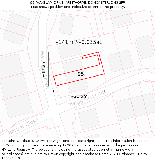 95, WAKELAM DRIVE, ARMTHORPE, DONCASTER, DN3 2FR: Plot and title map