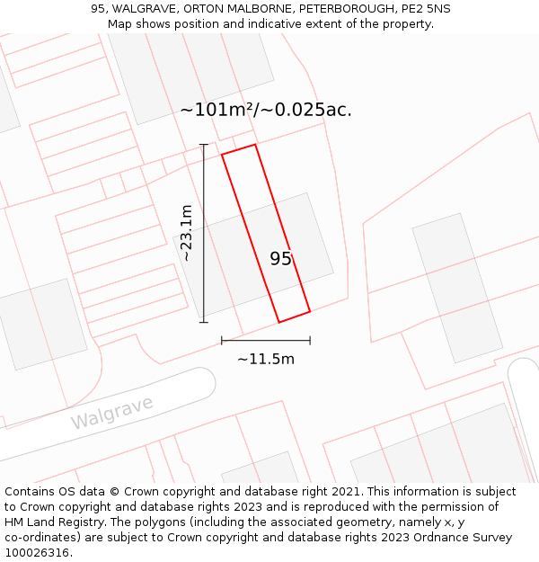 95, WALGRAVE, ORTON MALBORNE, PETERBOROUGH, PE2 5NS: Plot and title map