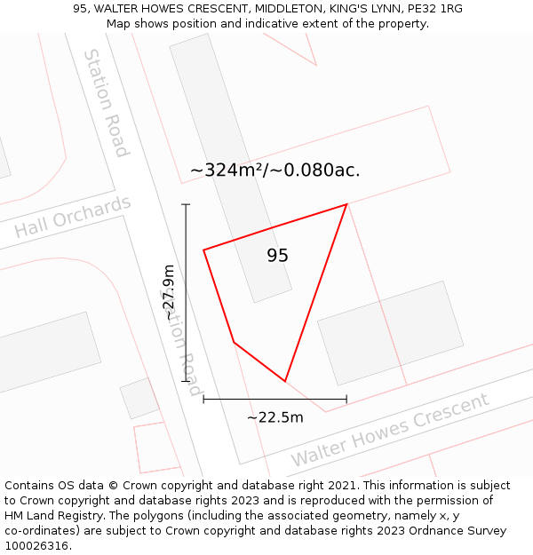 95, WALTER HOWES CRESCENT, MIDDLETON, KING'S LYNN, PE32 1RG: Plot and title map