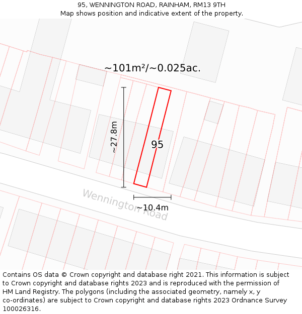 95, WENNINGTON ROAD, RAINHAM, RM13 9TH: Plot and title map