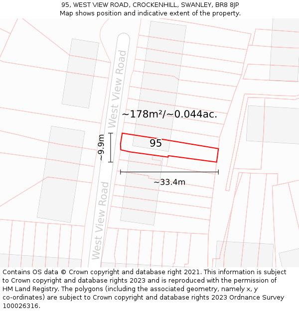 95, WEST VIEW ROAD, CROCKENHILL, SWANLEY, BR8 8JP: Plot and title map