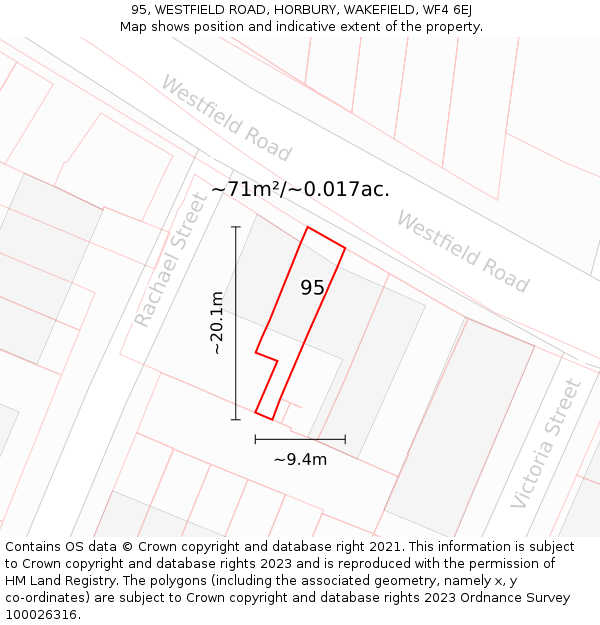 95, WESTFIELD ROAD, HORBURY, WAKEFIELD, WF4 6EJ: Plot and title map