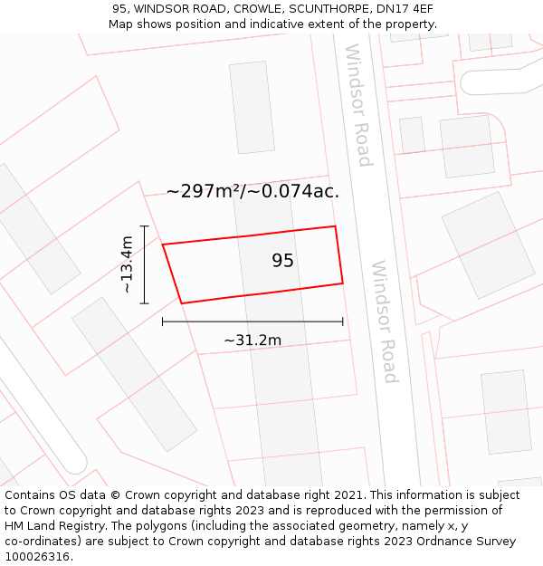 95, WINDSOR ROAD, CROWLE, SCUNTHORPE, DN17 4EF: Plot and title map
