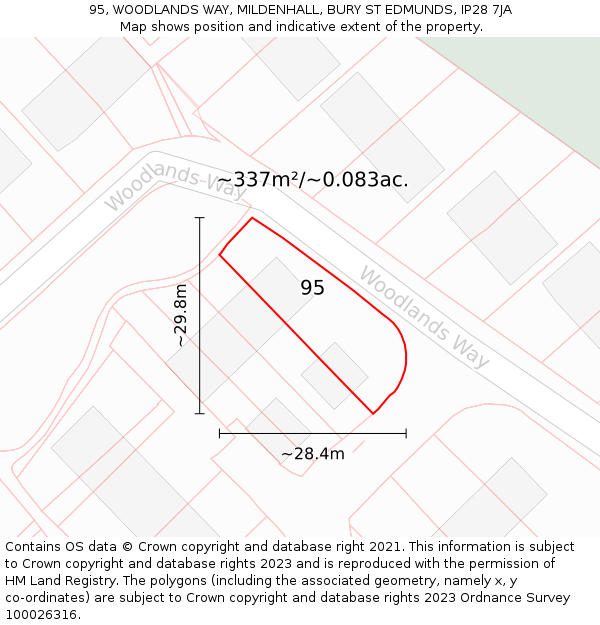 95, WOODLANDS WAY, MILDENHALL, BURY ST EDMUNDS, IP28 7JA: Plot and title map