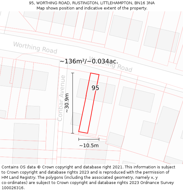 95, WORTHING ROAD, RUSTINGTON, LITTLEHAMPTON, BN16 3NA: Plot and title map