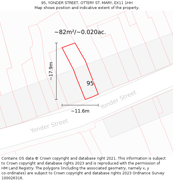 95, YONDER STREET, OTTERY ST. MARY, EX11 1HH: Plot and title map