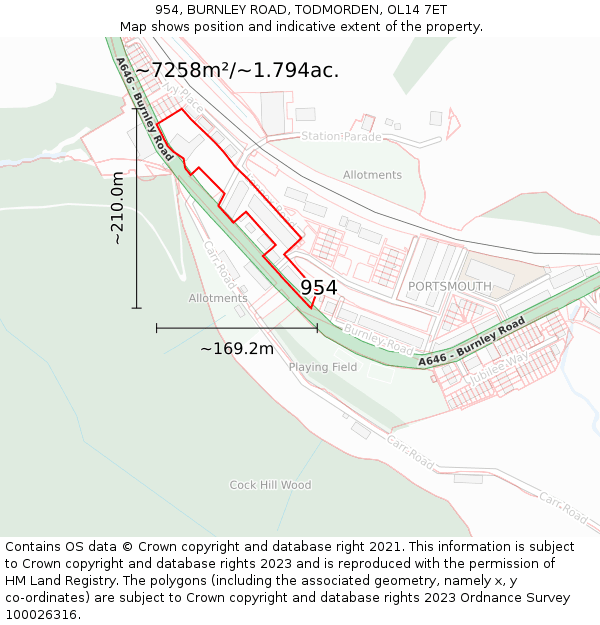 954, BURNLEY ROAD, TODMORDEN, OL14 7ET: Plot and title map