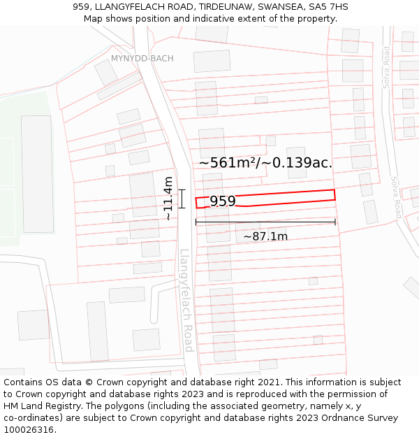 959, LLANGYFELACH ROAD, TIRDEUNAW, SWANSEA, SA5 7HS: Plot and title map