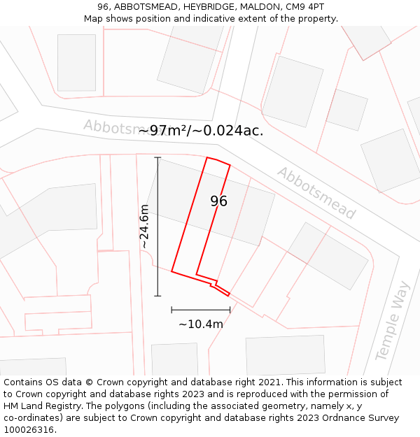 96, ABBOTSMEAD, HEYBRIDGE, MALDON, CM9 4PT: Plot and title map