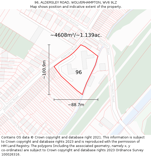 96, ALDERSLEY ROAD, WOLVERHAMPTON, WV6 9LZ: Plot and title map