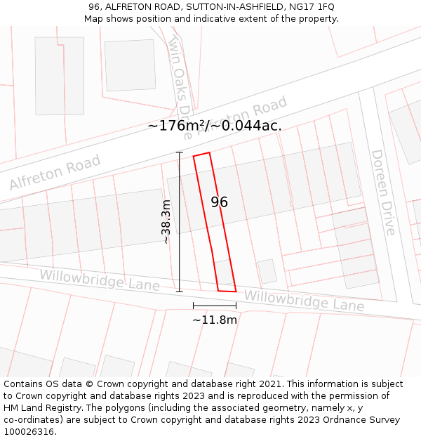 96, ALFRETON ROAD, SUTTON-IN-ASHFIELD, NG17 1FQ: Plot and title map
