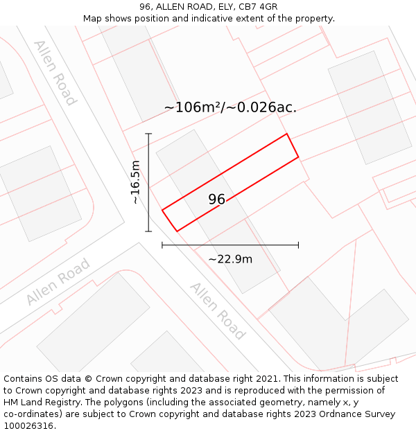 96, ALLEN ROAD, ELY, CB7 4GR: Plot and title map