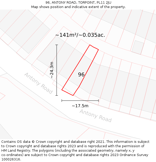 96, ANTONY ROAD, TORPOINT, PL11 2JU: Plot and title map