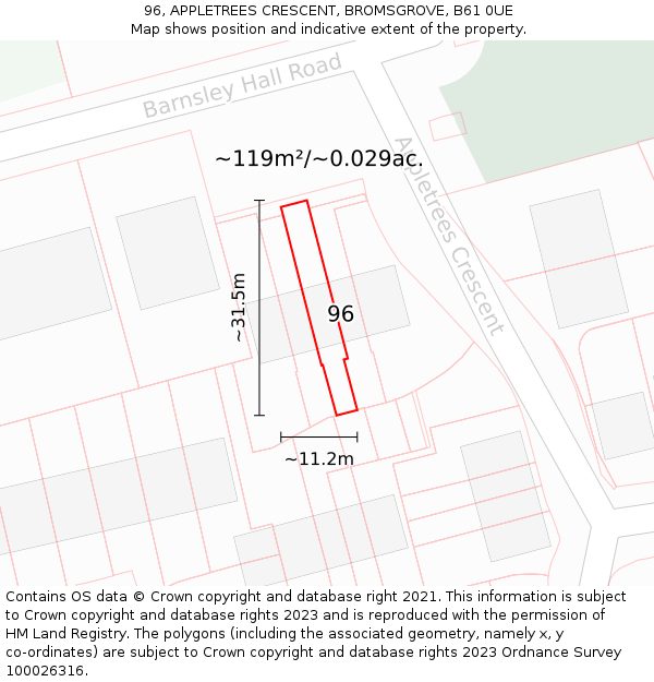 96, APPLETREES CRESCENT, BROMSGROVE, B61 0UE: Plot and title map