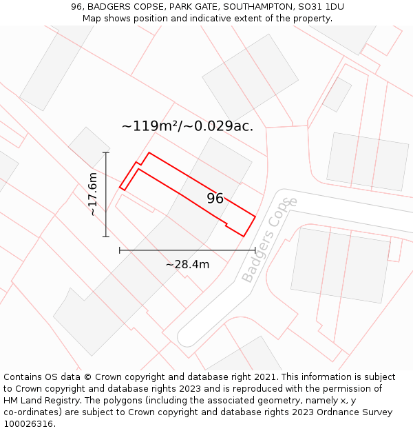 96, BADGERS COPSE, PARK GATE, SOUTHAMPTON, SO31 1DU: Plot and title map