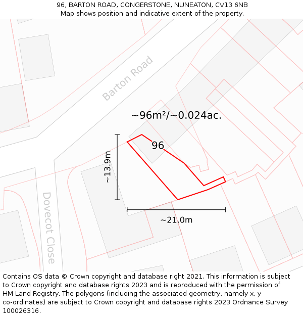96, BARTON ROAD, CONGERSTONE, NUNEATON, CV13 6NB: Plot and title map