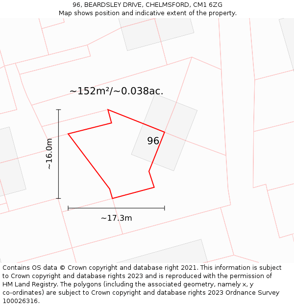 96, BEARDSLEY DRIVE, CHELMSFORD, CM1 6ZG: Plot and title map