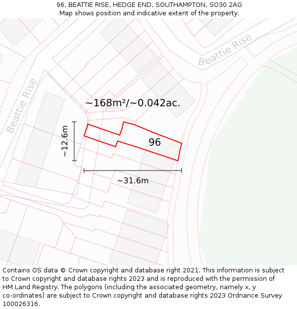 96, BEATTIE RISE, HEDGE END, SOUTHAMPTON, SO30 2AG: Plot and title map