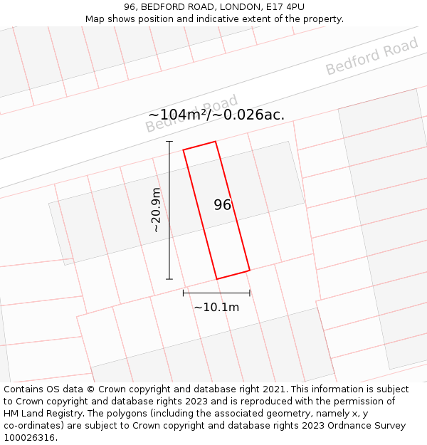 96, BEDFORD ROAD, LONDON, E17 4PU: Plot and title map