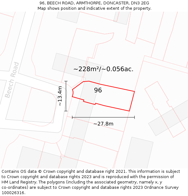 96, BEECH ROAD, ARMTHORPE, DONCASTER, DN3 2EG: Plot and title map