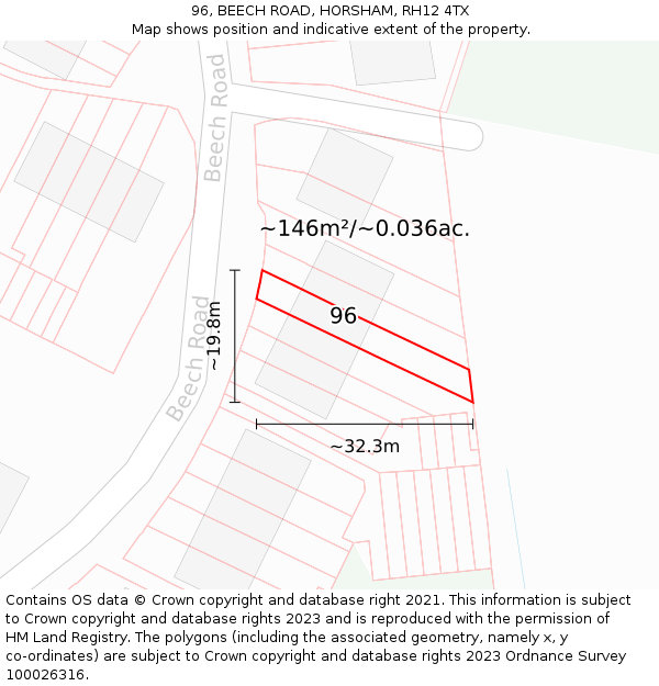 96, BEECH ROAD, HORSHAM, RH12 4TX: Plot and title map
