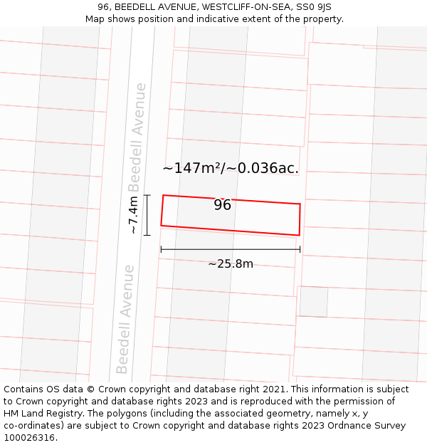 96, BEEDELL AVENUE, WESTCLIFF-ON-SEA, SS0 9JS: Plot and title map