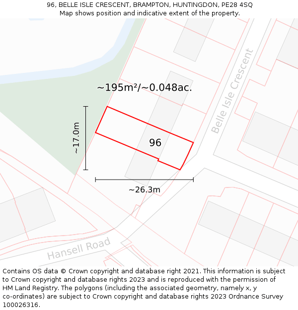 96, BELLE ISLE CRESCENT, BRAMPTON, HUNTINGDON, PE28 4SQ: Plot and title map