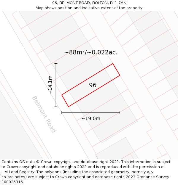 96, BELMONT ROAD, BOLTON, BL1 7AN: Plot and title map