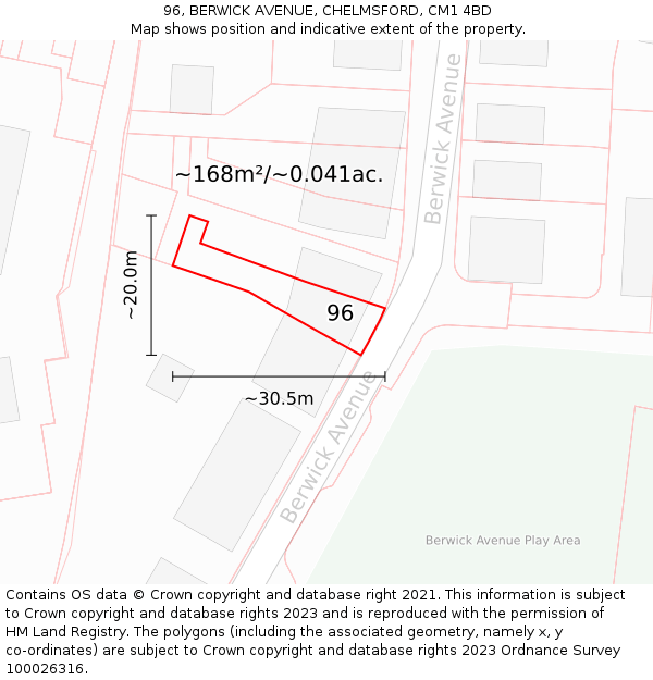 96, BERWICK AVENUE, CHELMSFORD, CM1 4BD: Plot and title map