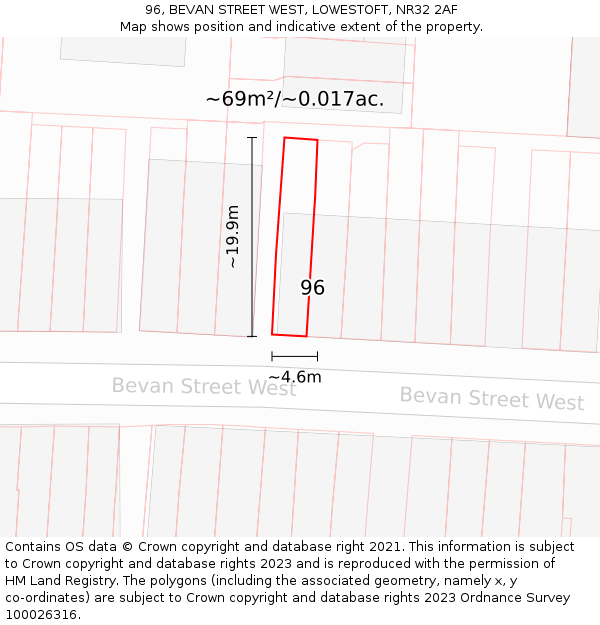 96, BEVAN STREET WEST, LOWESTOFT, NR32 2AF: Plot and title map