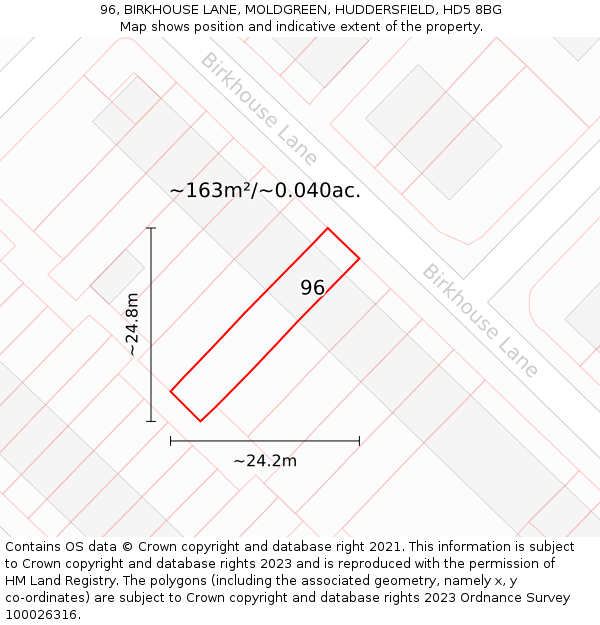 96, BIRKHOUSE LANE, MOLDGREEN, HUDDERSFIELD, HD5 8BG: Plot and title map