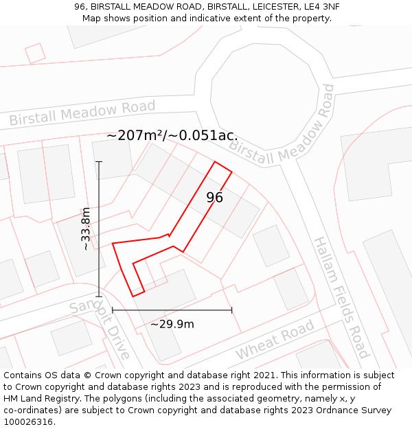96, BIRSTALL MEADOW ROAD, BIRSTALL, LEICESTER, LE4 3NF: Plot and title map