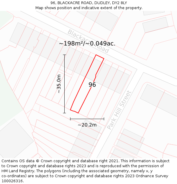 96, BLACKACRE ROAD, DUDLEY, DY2 8LY: Plot and title map