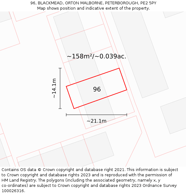 96, BLACKMEAD, ORTON MALBORNE, PETERBOROUGH, PE2 5PY: Plot and title map
