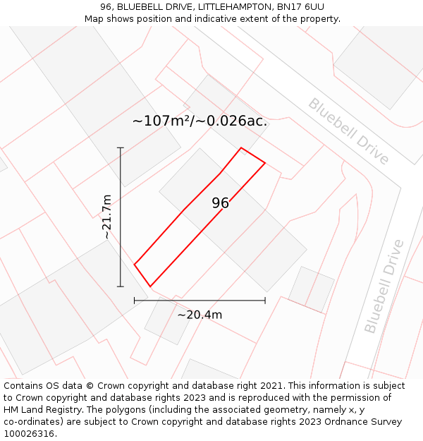 96, BLUEBELL DRIVE, LITTLEHAMPTON, BN17 6UU: Plot and title map