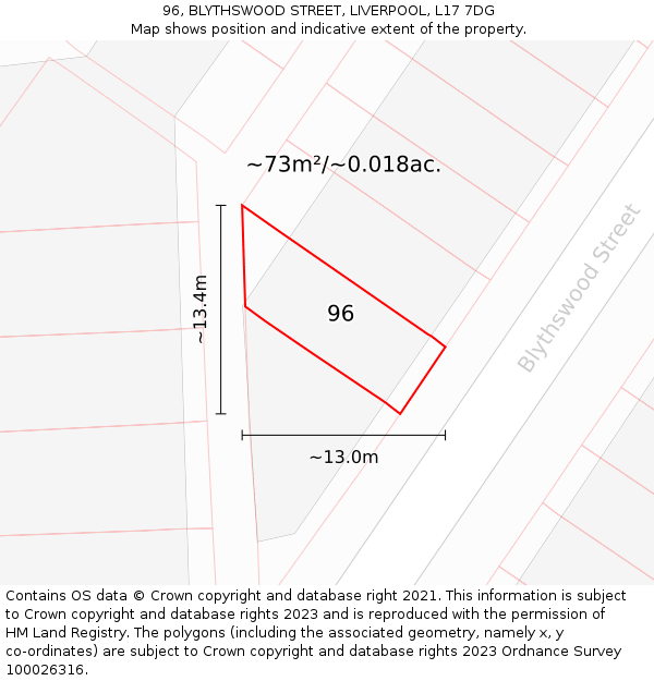 96, BLYTHSWOOD STREET, LIVERPOOL, L17 7DG: Plot and title map
