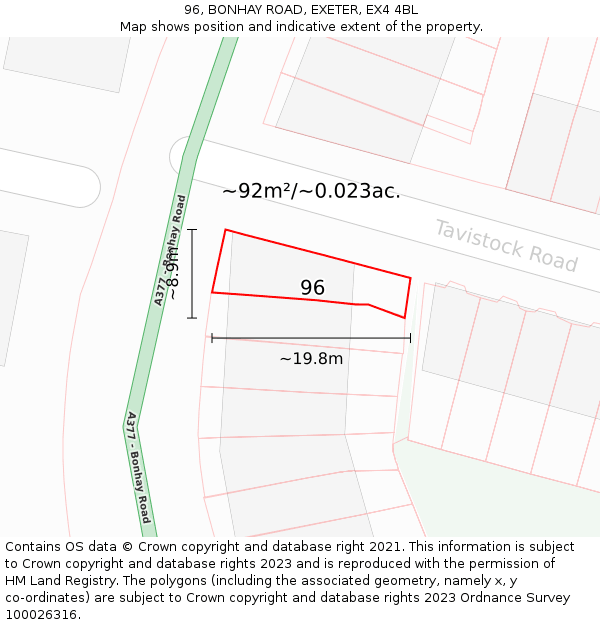 96, BONHAY ROAD, EXETER, EX4 4BL: Plot and title map