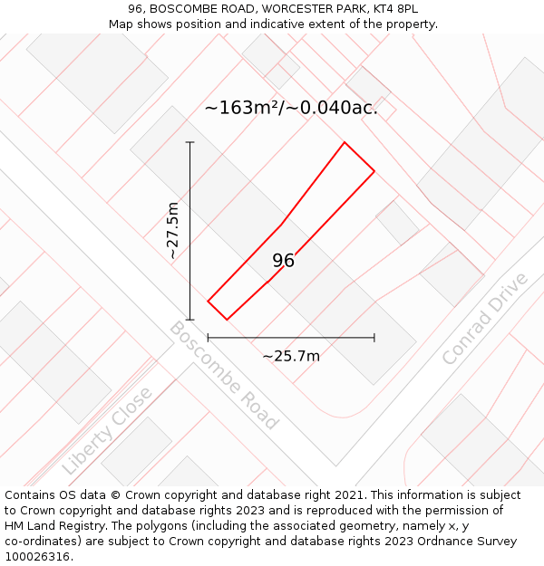 96, BOSCOMBE ROAD, WORCESTER PARK, KT4 8PL: Plot and title map