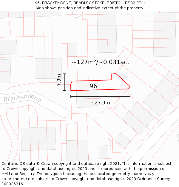 96, BRACKENDENE, BRADLEY STOKE, BRISTOL, BS32 9DH: Plot and title map