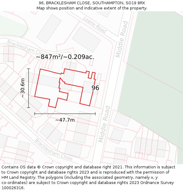96, BRACKLESHAM CLOSE, SOUTHAMPTON, SO19 8RX: Plot and title map