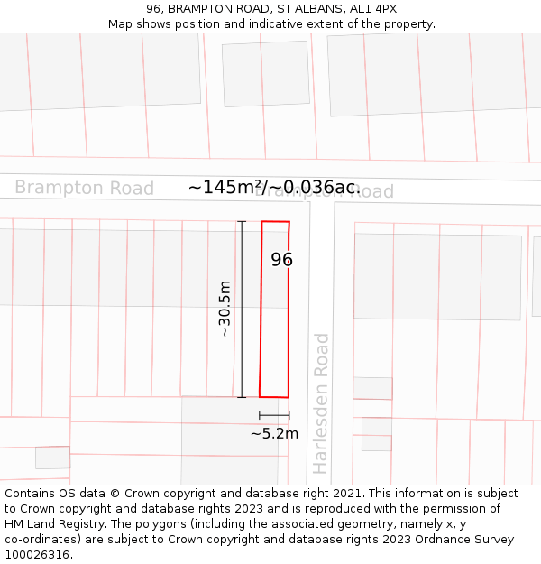96, BRAMPTON ROAD, ST ALBANS, AL1 4PX: Plot and title map