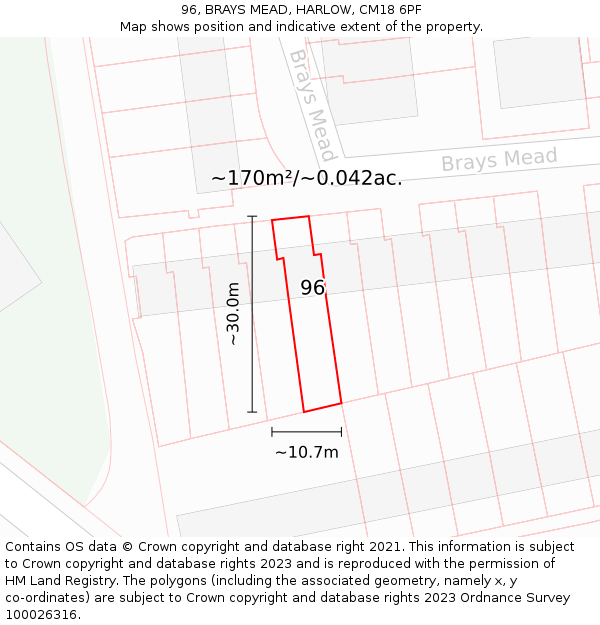 96, BRAYS MEAD, HARLOW, CM18 6PF: Plot and title map