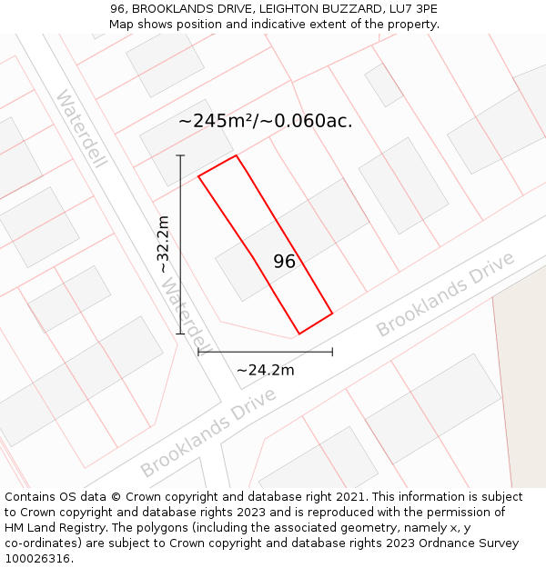 96, BROOKLANDS DRIVE, LEIGHTON BUZZARD, LU7 3PE: Plot and title map