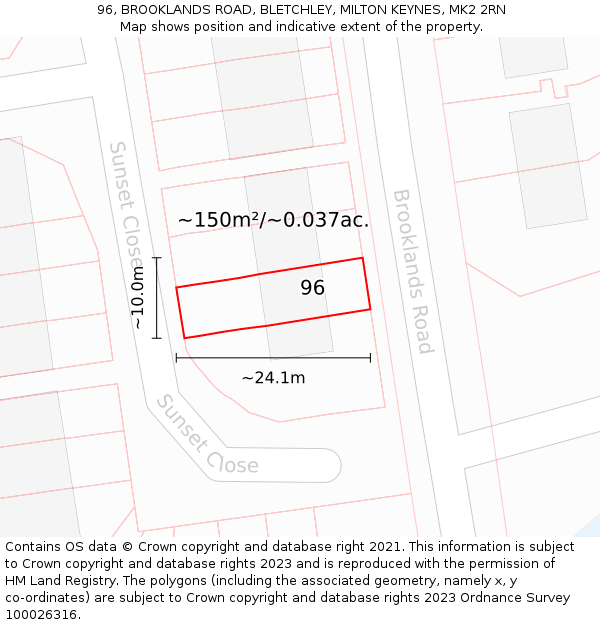 96, BROOKLANDS ROAD, BLETCHLEY, MILTON KEYNES, MK2 2RN: Plot and title map